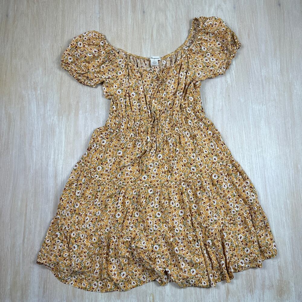 Passport Mustard Floral Peasant Dress Smocked Puff Sleeve Boho Summer Mini 2X